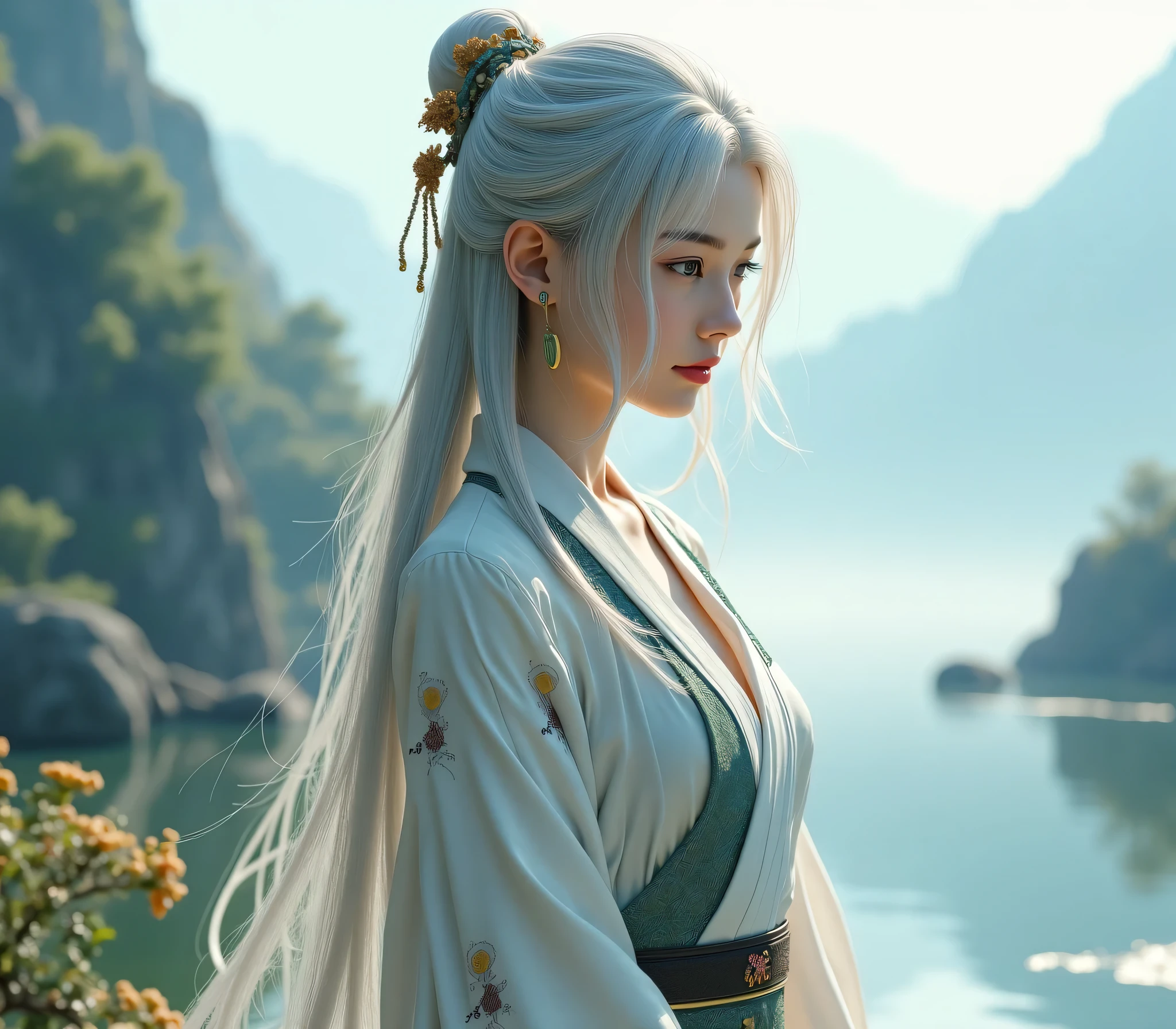 creates a sensual image of a silver-haired girl containing her entire body in the image, Full HD, 4k, Realistic Taoist clothing