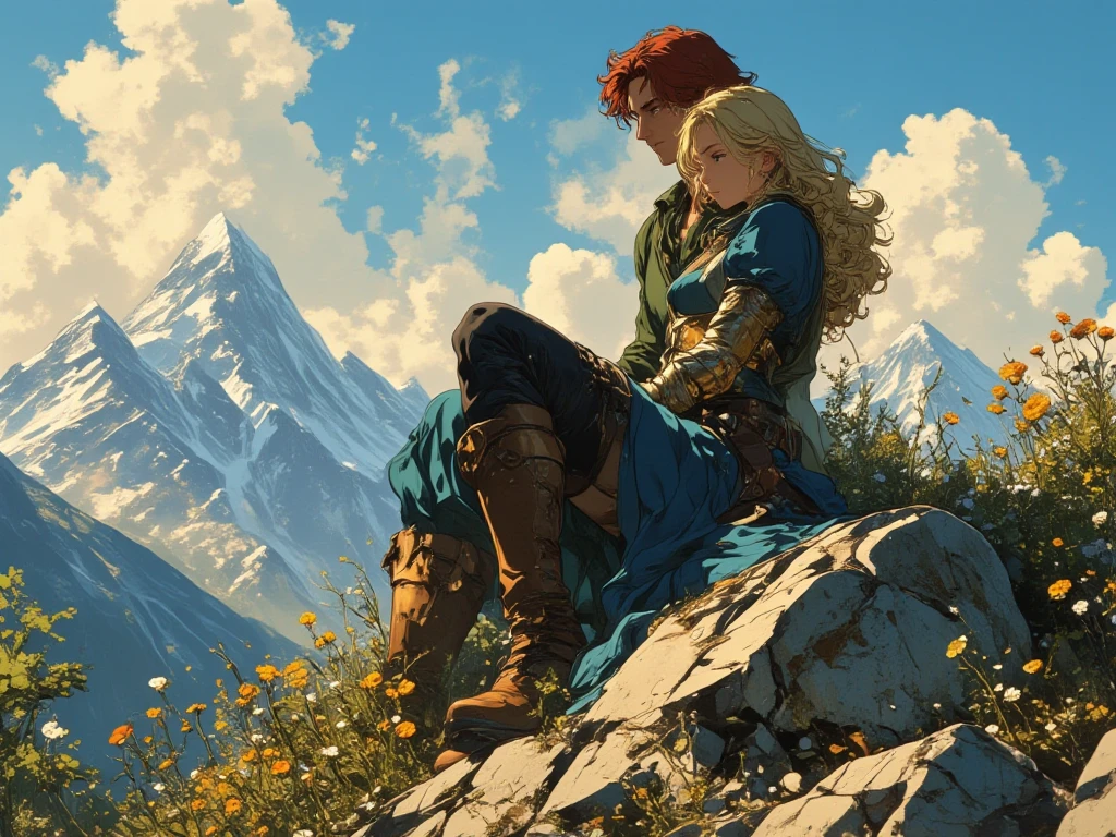 A heroic fantasy couple sitting on a rocky hill with a mountain panorama in the background. The man has dark red hair, wears a dark green shirt slightly open and black leather pants with brown boots and belts. The woman has long blonde hair and wears a flowing blue dress with a golden corset and armguards. Wildflowers bloom around them, clouds fill the sky, and snow-capped peaks stretch behind. Romantic and epic atmosphere, vintage fantasy illustration style.
