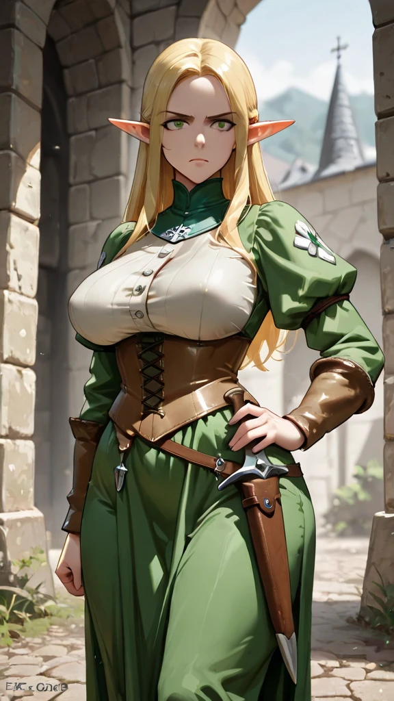 masterpiece, best quality, high quality, 1solo white SKIN elf, long hair, white hair, yellow eyes, full body, breastplate, looking at viewer, shiny, armor, thigh highs, high boots, shoulder armor, faulds, poleyn, gloves, gauntlets
