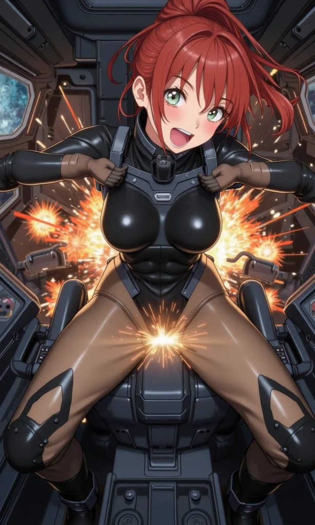 (masterpiece, top quality, best quality, official art, beautiful and aesthetic:1.2), (1girl:1.3), (masane amaha), ((witchblade)), (red hair), extremely detailed, portrait, long hair, looking at viewer, solo, (full body:0.6), detailed background, close up, yellow eyes, (cool space ship theme:1.1), (((beautiful skin, clawed fingers))), charlatan, sinister smirk, mysterious, in a spaceship, (witchblade armor), black leather, long boots, collar, sleeveless, black latex, ((((large breasts, cleavage, skindentation)))), slim waist, slim hips, long legs, futuristic background, dark mysterious lighting, shadows, magical atmosphere, dutch angle, (Aletta ocean face)
