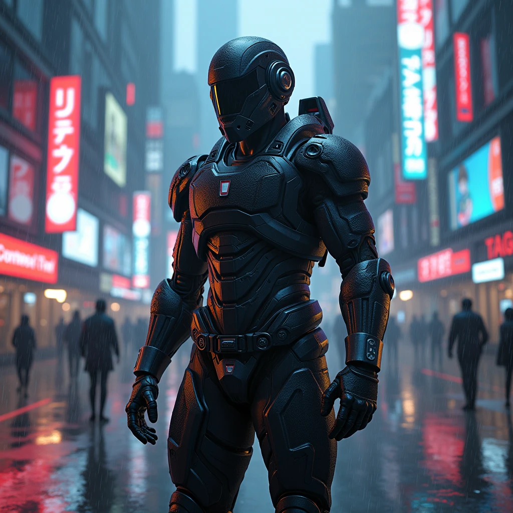 Futuristic bounty hunter in tactical armor, surrounded by holograms and neon signage, rain glistening on his armored sleeves.