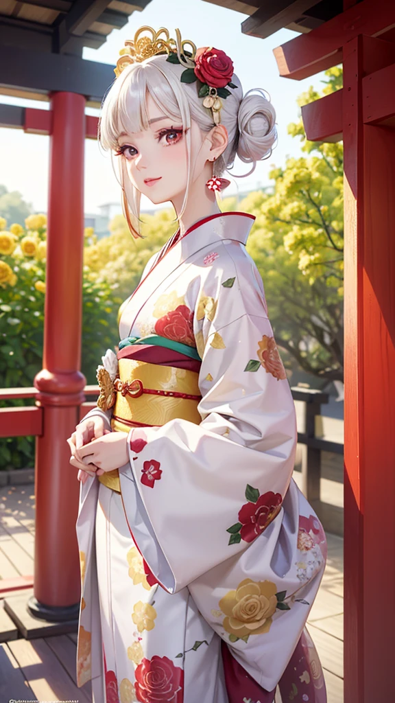 A masterpiece, ultra high definition, ultra HD quality, the most beautiful woman in history, anime, slender body, tall height, small face, well-balanced proportions, (shiny hair, white hair:1.2), (updo hair:1.2), has beautiful shining eyes, clear crimson red eyes, shining highlights, long eyelashes, pink lips, beautifully precise and delicate hand and finger creation, divine smile, Japanese kimono / furisode, gorgeous floral kimono, (yellow rose hair accessory:1.2), small earrings, ring, beautiful standing posture like a fashion model, Japanese shrine, torii gate
