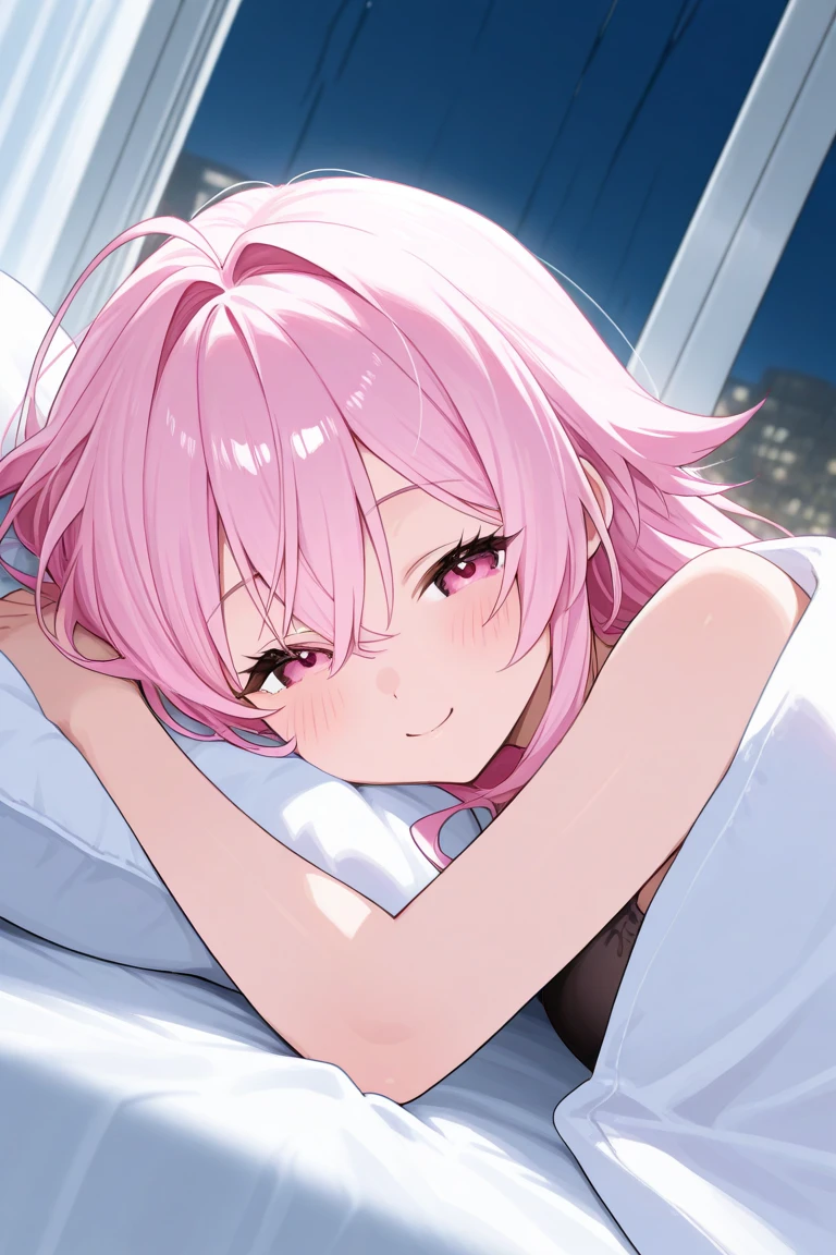 masterpiece:1.2, best quality, ((ultra detailed)), high resolution, 2d, anime style , photo, photography, detailed background, ((pink hair,medium hair,low ponytail,medium breasts))
BREAK
solo,(droopy eyes:1.3),fourty years old, (sexy woman, tall face, tall female)), ((slender blue eyes;1.2)), ((sweat)),(camisole)
BREAK
dynamic pose, smile,bed room, night,background,
BREAK
pastel colors:1.4, solid paint:1.2, saturated color, contour