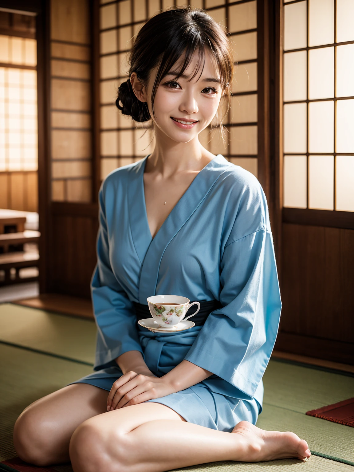mature 45 year old woman wearing a loosely worn yukata, sitting on a zabuton cushion in a tatami room, holding a small teacup in both hands, her collar slightly open revealing her neck and collarbone, wet hair tied loosely behind, smiling gently, ambient light from shoji panels, traditional ryokan interior, peaceful and warm atmosphere, realistic style, high detail, not showing ????????, not pornographic, not blurry, not deformed, not extra limbs, single woman only
