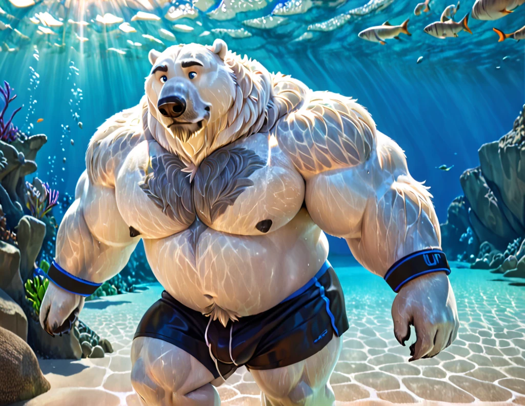 chubby dad male polar bear blue eyes, laying on chair , no clothes , white briefs , watch ,hands on sunglasses , smiling , under sun , spread legs , beach background, sunlight, sandals , high quality , drawing