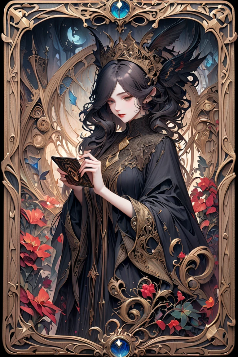 On top,One can be seen(feiticeiras misteriosas),Cast and cast spells from her magic book。She has long flowing hair,Wear a cloak decorated with intricate symbols and patterns。Her eyes(Sharp and intense),Exudes raw power and a hint of mischief。The witch is surrounded by an array of fantasy creatures,wie z(a unicorn、faeries、drak),Adds charm to the scene。
