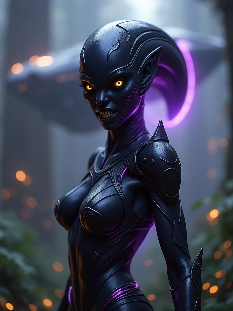 Female,
creature 2 meters tall, leg type: digitigrade, narrow eyes, body resembles a woman's long limbs, armor skin, alien forms, hyper-detailed alien, head with a purple glowing eye and a purple head