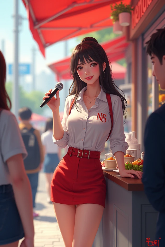 Girl in a red  and letters NS on her blouse with microphone in her hand, serving people outside a business 