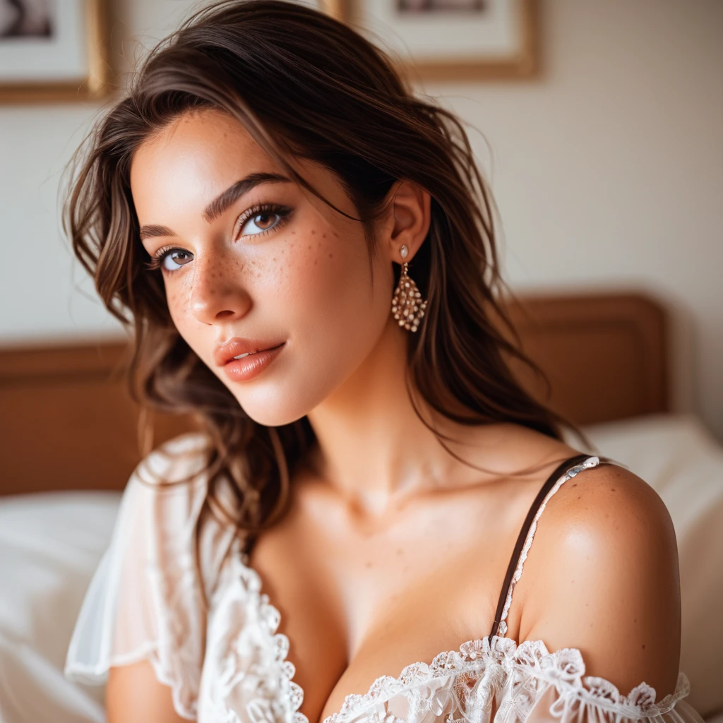 a tan woman dressed in a deep V-neck cami top, lying down in bed, her cat sitting on her stomach, high-quality photo