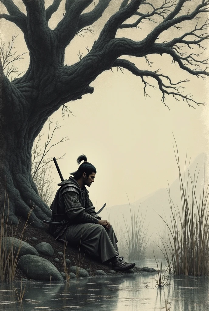 Dark fantasy from the 70s with poor quality Samurai Swamps Asia Japan Самурай сидеть под деревом качество 320 пикселей рисунок карандашом 