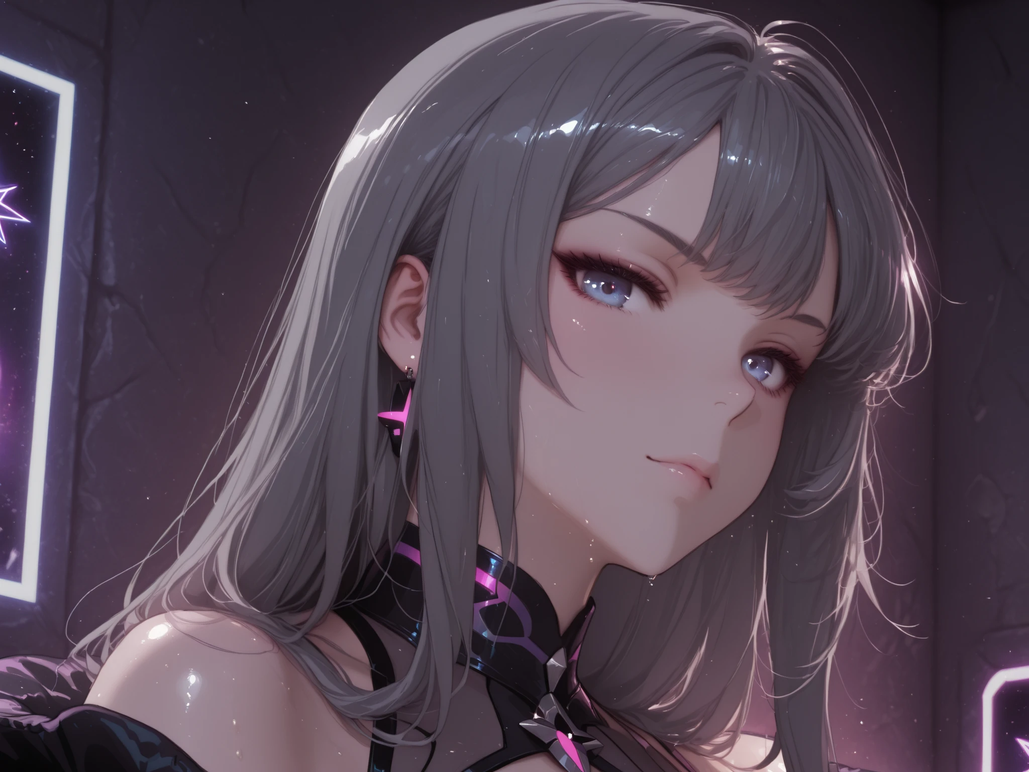 Sexy Cool Gray-Haired Rock Stars、 Cosmic Warfare、high resolution、portrait、High Contrast Dark Atmosphere、Deep Shadow、neon light、Dark Fantasy