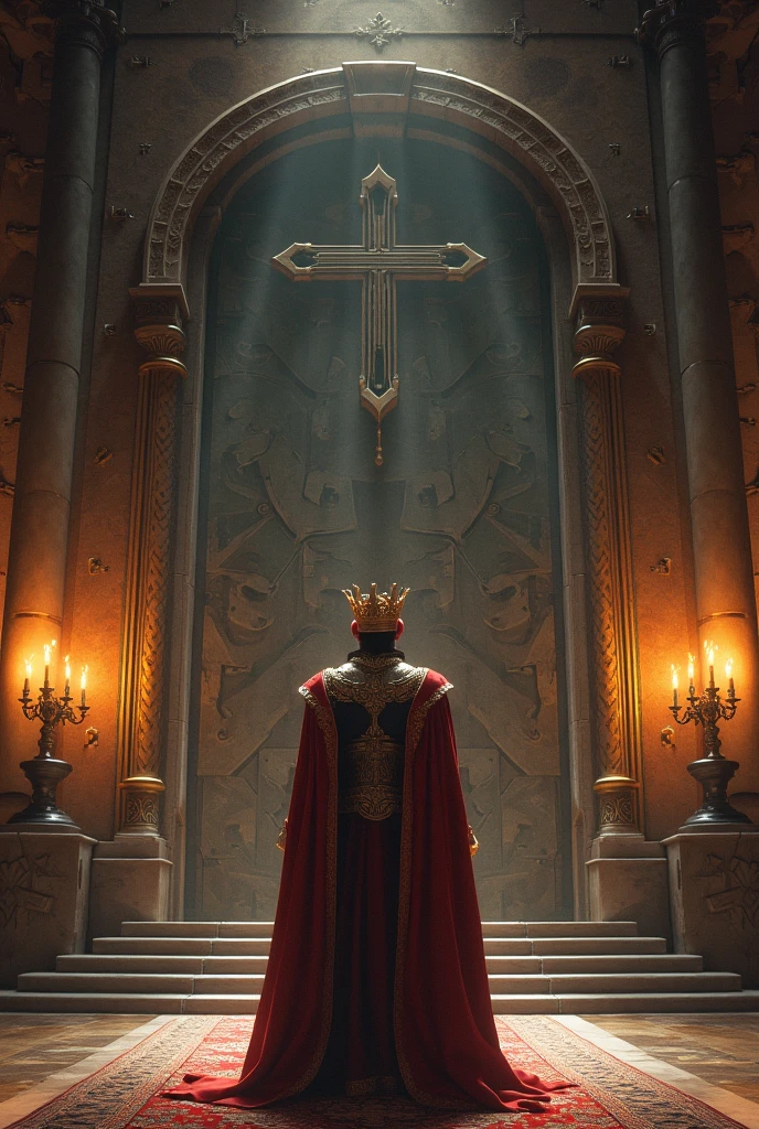 King inside the castle looking at the stone door