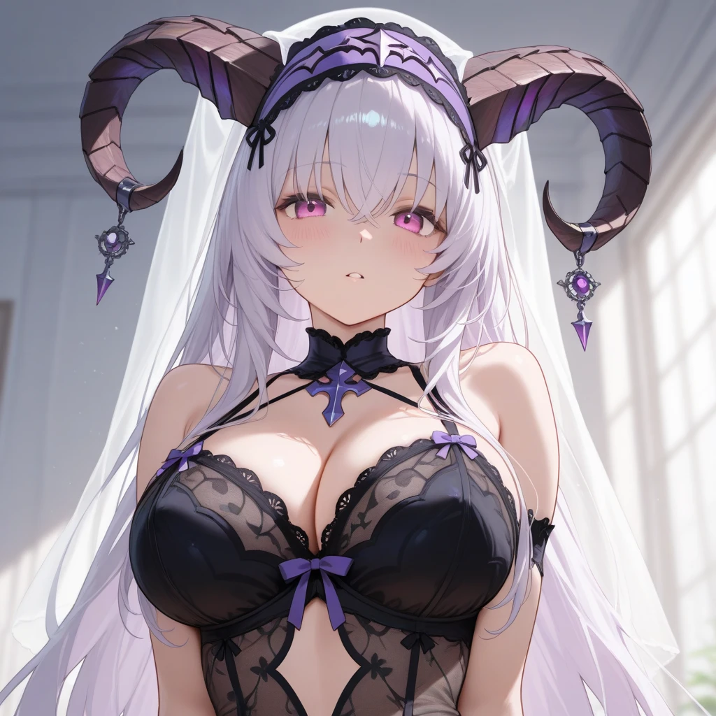 Anthropomorphic, (sheep woman), ghibli, stretching, cute, (black lingerie), (detailed hand and finger:1.1), partially show body, sexy, front view, (detailed face and eyes:1.2), (huge breasts:1.1), (busty), (deep cleavage:1.1), (labia outline:1.2), (teat outline:1.2).