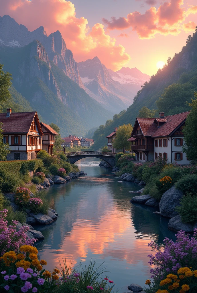 a small village by the river, mountains in the background, floral flowers colorful, detailed landscape, Beautiful natural landscapes, atmospheric lighting, scorching sunset, warm colours, practical, photopractical, Detailed Foliage, complex buildings, cobblestone street, Charming country house, swirly vibrant colors, lush vegetation, Still water reflections, Picturesque, idyllic, work of art, best qualityer, 8k, extremely detaild,anime styling