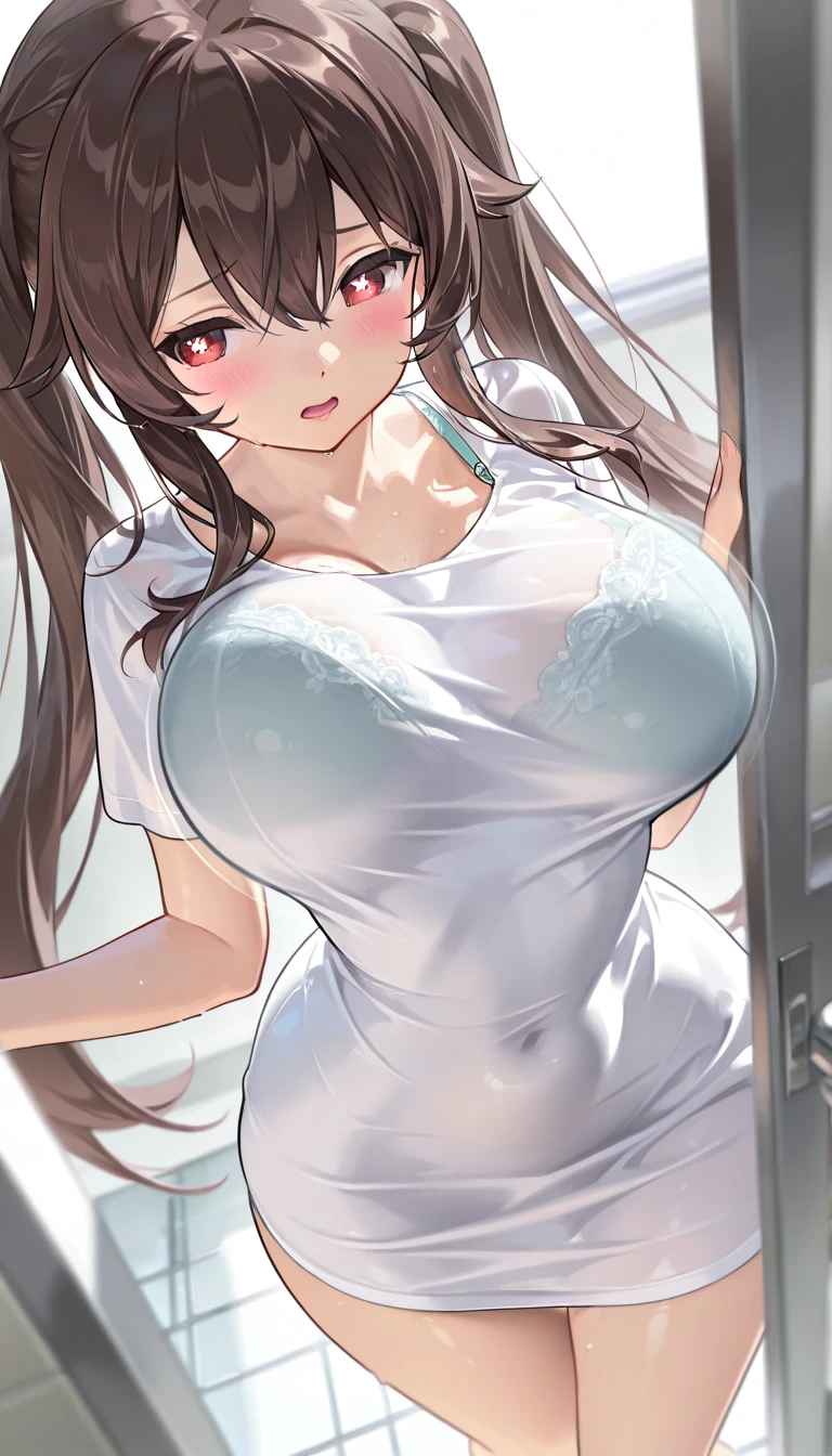 a girl, 20 years old,blush,looking at viewer,blunt bangs,long hair,curly hair,brown hair, brown eyes,large breast,naked apron,living room,indoors, Best Quality, High resolution, Extremely detailed, Detailed background, Perfect Lighting