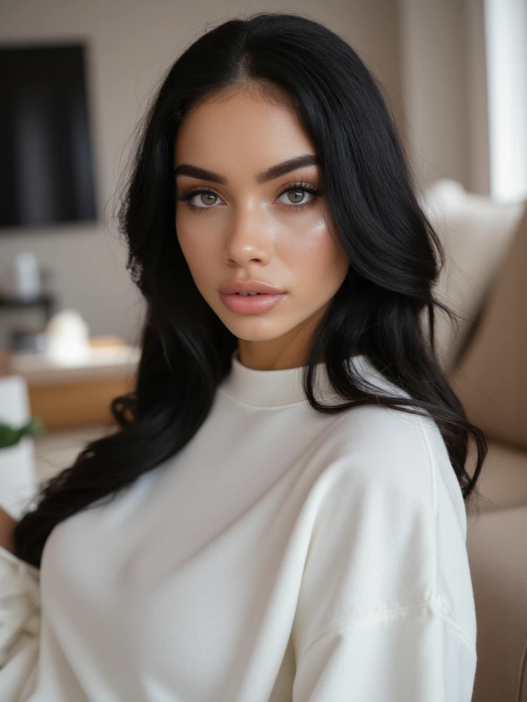 portrait shot, motherly mature T3r4P4tr1ck_V1, modern light-blue_turtleneck_shirt, lifelike face, eyes, black long hair, livingroom