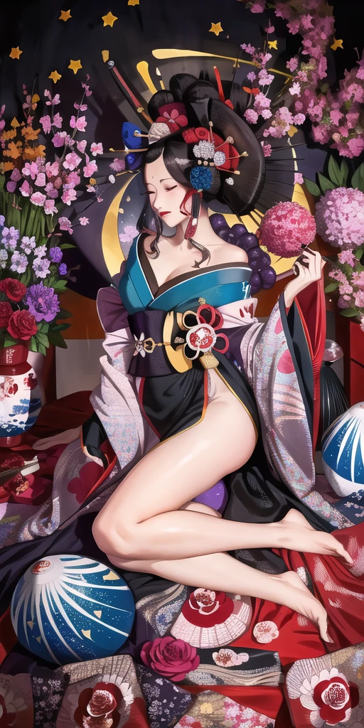 (masterpiece, Highest quality:1.3), (Thick line drawing), (Fake Traditional Media), High resolution, Official Art, Best illustrations, (8k resolution), Oiran, One girl, Mature Woman, alone, kimono, From above, chest, heart, stylish, Complex, wonderful, fairy tale, Fantasy art, (detailedな顔), Lying in a flower bed, behind, (Lovely eyes, View your viewers, lipstick), Very long hair, Plenty of volume, Low Ponytail, Depth of written boundary, silhouette, perfection, compensate, Lovely, (detailed:1.2), Camellia, Various colors, Vivid, colorful, Shiny, null, performer, Lumen Global Illumination, (Katsushika Hokusai-style background:1.3), water, ripple