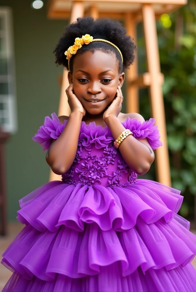 A 4-year-old brunette Brazilian child, expressive and black eyes, thick, curly black hair, lollipop pendant on chain , lilac dress, blue and pink pacifier, flower park background