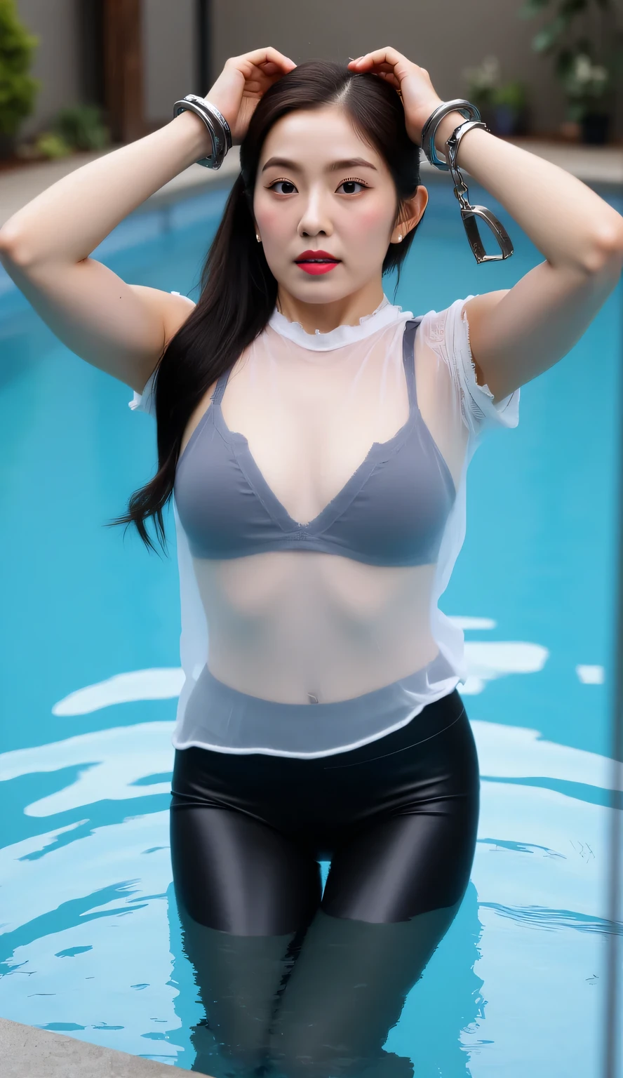 Excellent, masterpiece, pale yellow side ponytail, blue eyes, transparent semi-wet cropped top, black shorts, looking up, upper body, hair, fair skin, large breasts, sitting by the sea, shiny thighs, full body photo, 2 hands, 2 legs, clear eyes