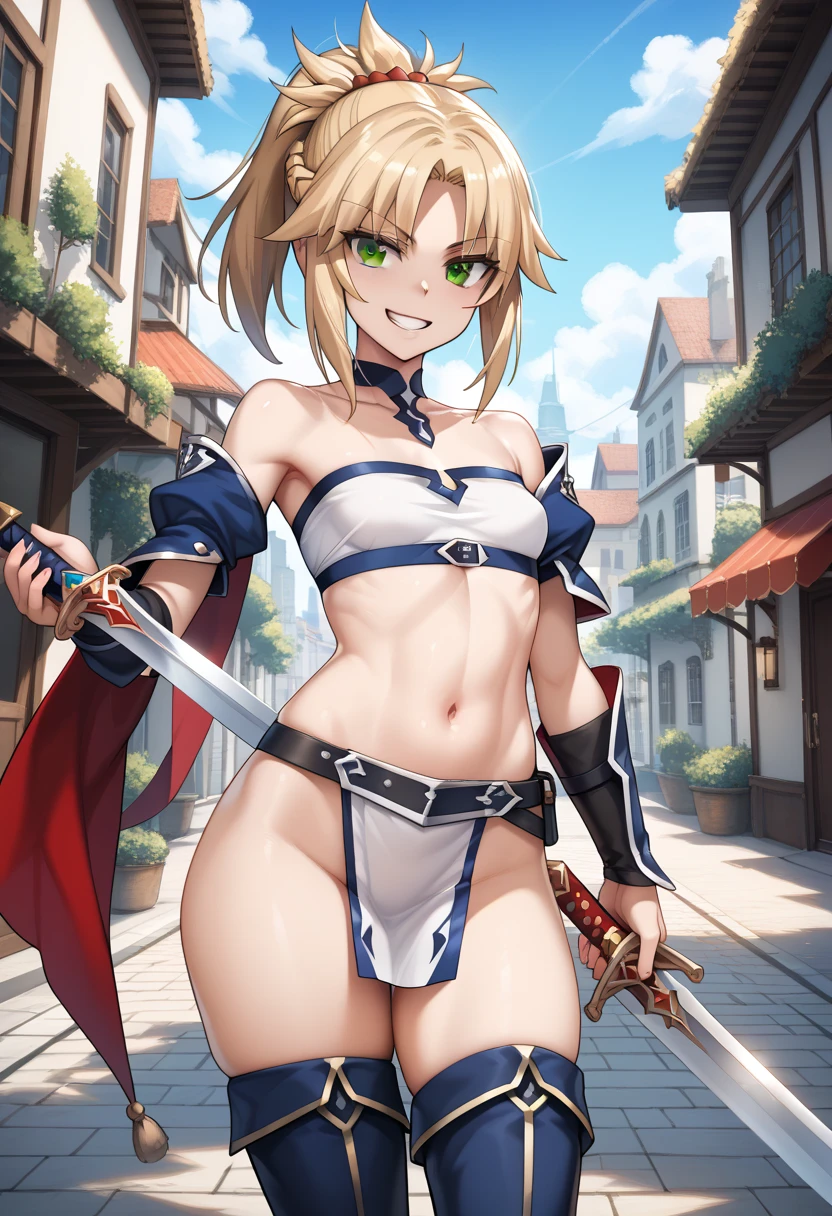 (masterpiece:1.2), (highest quality:1.2), perfect eyes, perfect face, perfect lighting, middle ages, room, 1 boy,blonde aqua eye, ((((((hair over one eye,)))))), Braidスタイル, spike hair, dull bangs, bob hair, Braid, Ahoge, robe ((((Red bikini armor with transparent nipples)))), Thighhighs, skirt, cute eyes, Medium chest, bright, ((From above)), open your mouth, vivid description,orgasm, I was scared, ((abs)) Ahegao, smile+Happy, tooth, anger, sitting,From the side