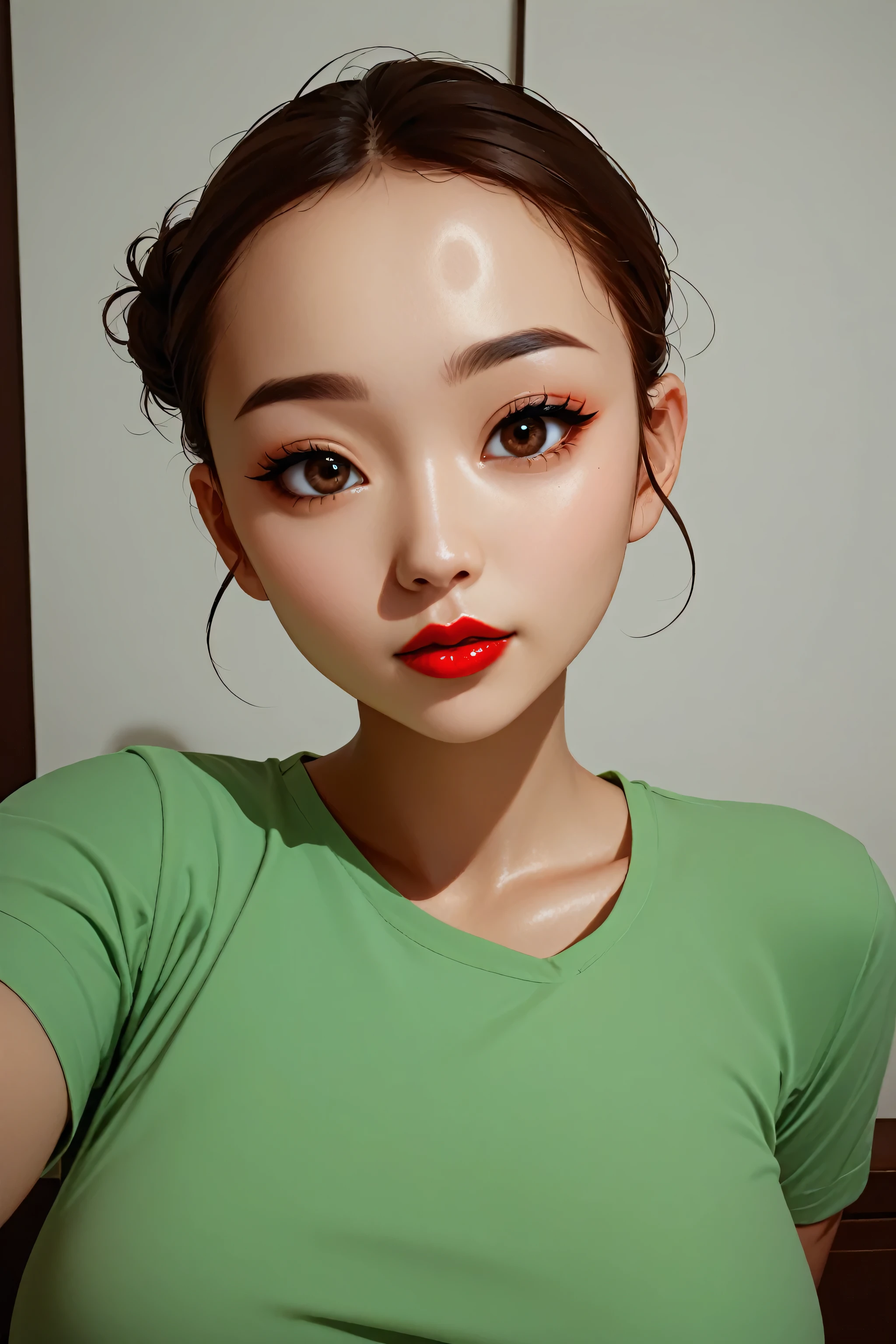 simple background, perfect face, hair bun, brown hair, (forehead), black thin eyebrows, big glowing brown eyes, thick red lipstick, beautiful woman, shirt, green shirt, medium breasts, pov, ((female asian)), asian