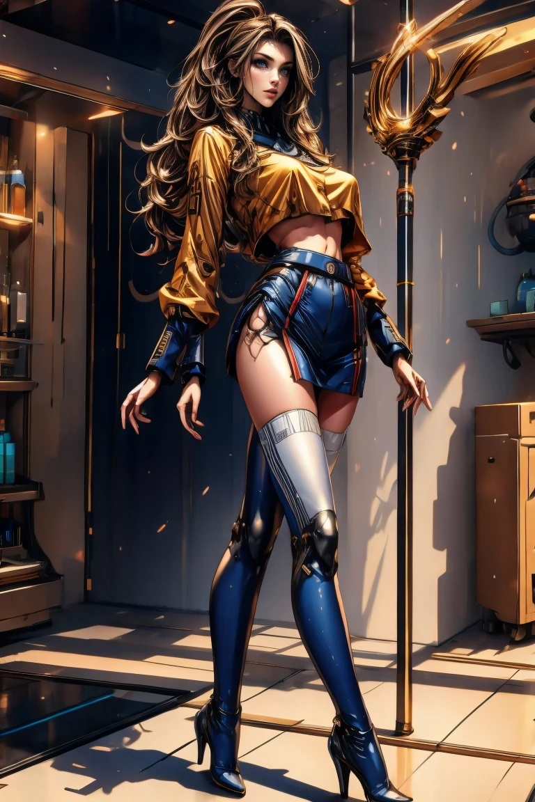 (sexy  gotou airi):1.2, realistic, (full body, solo, 1girl), mature female, (gyaru goth bimbo, huge chest body, long legs huge thighs, flat belly narrow waist, huge hips, thick lips), lipstick, long eyelashes, long dark hair, (thin toned body, reflective gold corset). (long skirt, translucent skirt, tight steampunk skirt):1.2. (futuristic platform heels, holographic cyberpunk legwear, luminescent accessories):1.2, detailed face, detailed body