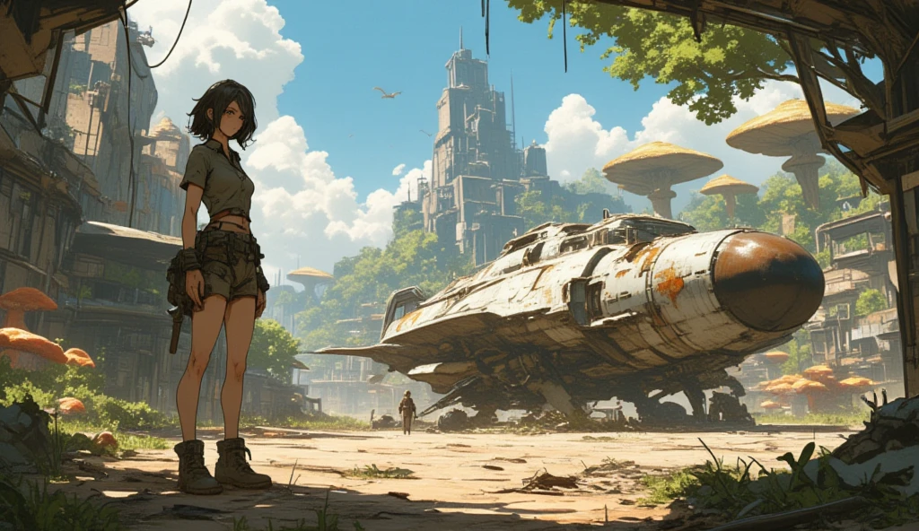 Concept art. Medium shot. A skinny 50-year-old woman standing, hands on hips, in brown shorts, shirt, and boots, standing next to a squat cargo spaceship, sitting in a clearing, in a derelict alien town with mushrooms and fungi.