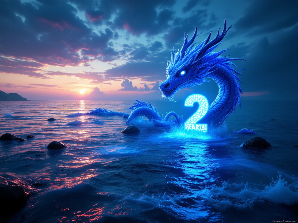 (Top quality, masterpiece, super detailed, high resolution), SEAART.AI logo, photo of the sea, ((a large letter "2" in the background), ((a large water dragon in the background), celebration, very happy, happy occasion,