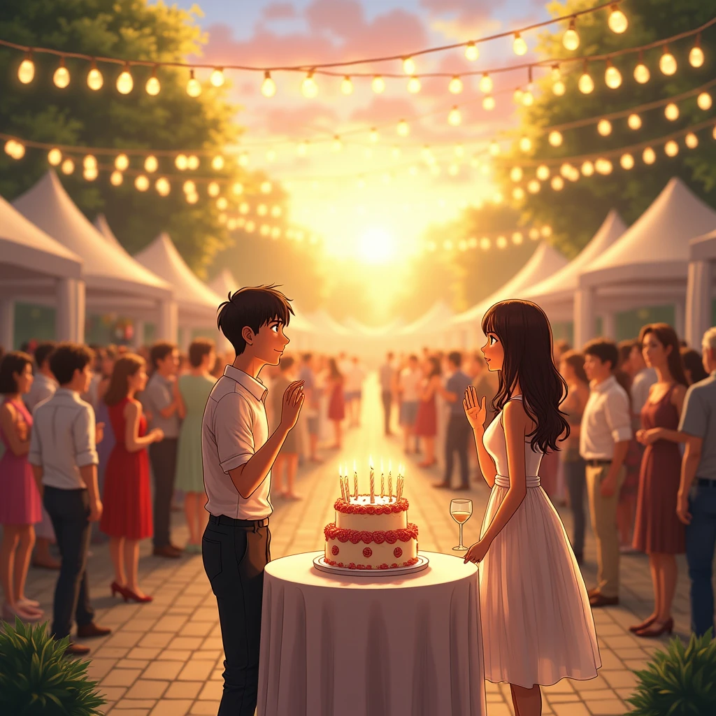 in anime style The scene opens in a beautifully decorated outdoor venue bathed in warm daylight. A grand birthday party is in full swing, with guests chatting and laughing. At the center, a large, elegant cake sits on a table, adorned with candles ready to be blown out. The protagonist, a 30+ man, stands near it, unaware of the heartbreak about to unfold. Suddenly, the celebration takes an unexpected turn—another man steps forward, holding a ring, and proposes to the stunning birthday girl right in front of him. Gasps ripple through the crowd. Some guests cheer, others whisper in shock. The female character, breathtaking in her dress, looks torn between emotions. The protagonist forces a smile, his heartbreak hidden beneath the bright daylight and festive decorations.