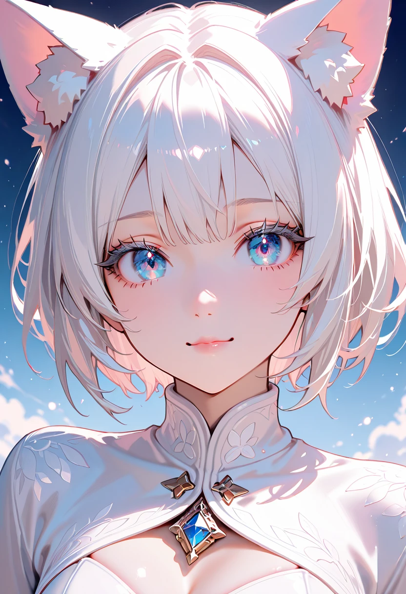 1 woman, short hair, white hair, white eyelashes, sparkling blue eyes, beautiful face, white cat ears, wearing a white winter outfit