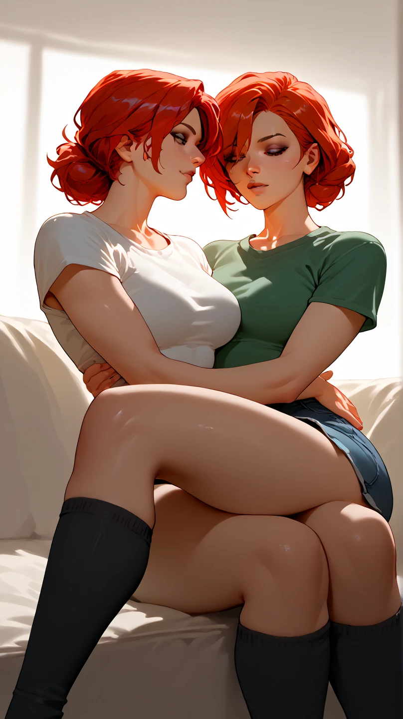 NSFW, ((Ultra quality)), ((Masterpiece)), Gwen Tennyson, short stature, ((Red hair, small blue hairpin)), (beautiful face), (beautiful female lips), (), charming, ((sexy facial expression)), looking at the camera smiling softly, eyes closed a little, (White skin color), (White skin), shine on the body, ((beautiful detailed female eyes)), ((green eyes)), (juicy female lips), (Dark eyeliner), (beautiful female hands), ((Ideal female figure)), ideal female body, big hips, round peach butt, Beautiful waist, beautiful hips, big breasts, ((Subtle and beautiful)), sitting seductively on the couch, (Gwen Tennyson'It lasts, wearing a blue crop top) Transparent clothing, under the breasts, below: in a living room, ((depth of field)), ((high quality clear image)), (clear details), ((high detail)), realistically, Professional photo session, ((clear focus))blushing touching her panties