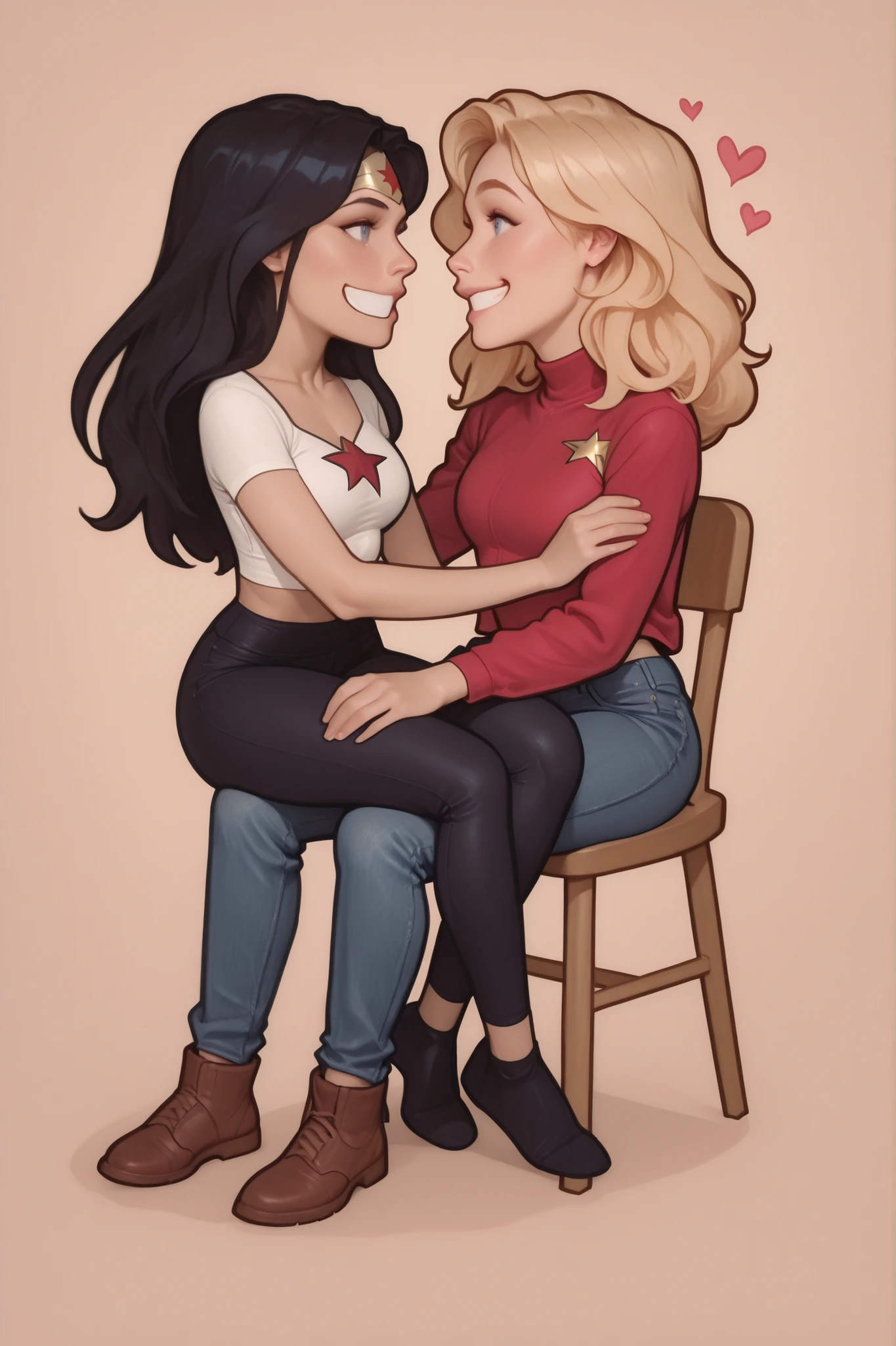 generate a semi-realistic image, 2girls, in love, wonder woman wearing a white crop top and black leggings is sitting on the lap of her girlfriend captain marvel who is wearing a pink turtle-neck top and blue skinny jeans, perfect anatomy, best quality, perfect eyes, perfect face, perfect hands, perfect legs, masterpiece