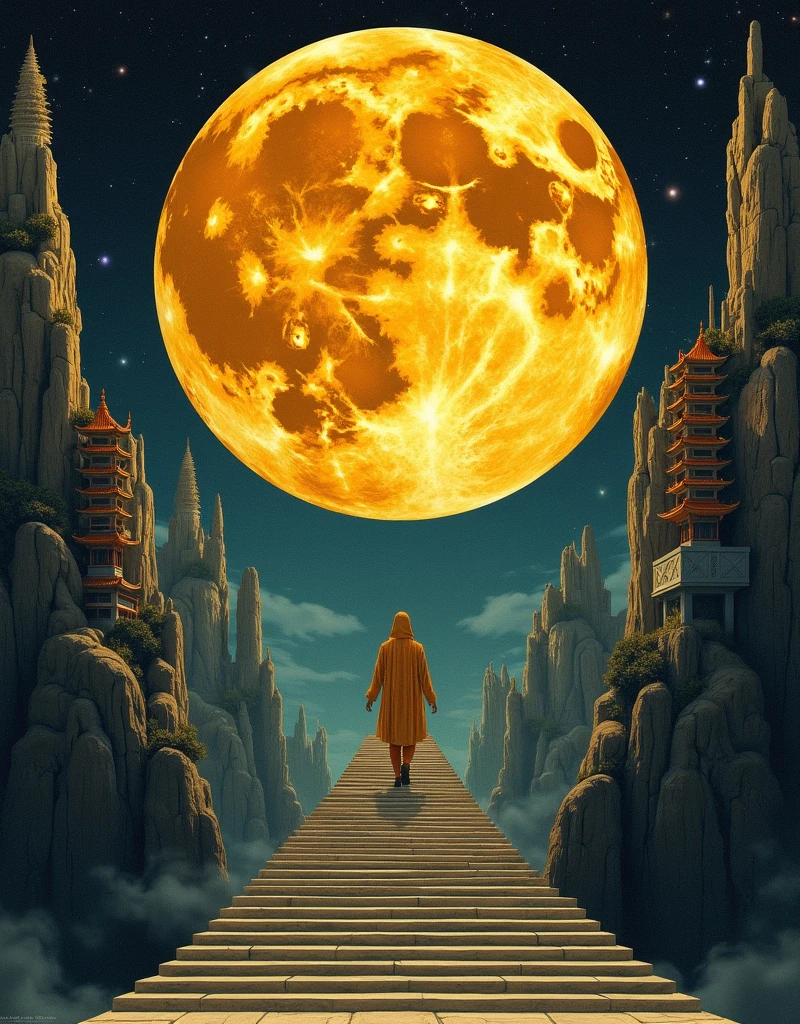 Panopticon Octavio Ocampo: A lone figure stands on a grand staircase, facing a massive golden moon adorned with swirling patterns and architectural forms. Misty pagoda-style structures rise from towering cliffs, blending into the dark, mysterious landscape. The scene evokes a celestial, spiritual journey into the unknown.