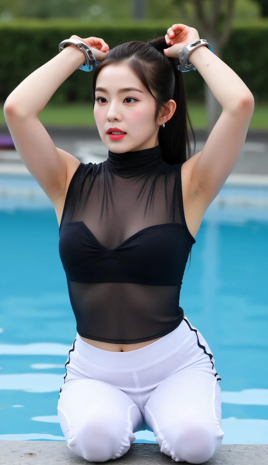 a woman, kneeling strapping pulled over by swimming pool, both handcuffed hands raised above the head, shirt looks full body, body facing front, eyes looking at camera , wearing transparent black sleeveless wet muslim t-shirt, long leggings in white, big size G-cup, thick red lips, seductive face, black ponytail hair, all over wet body