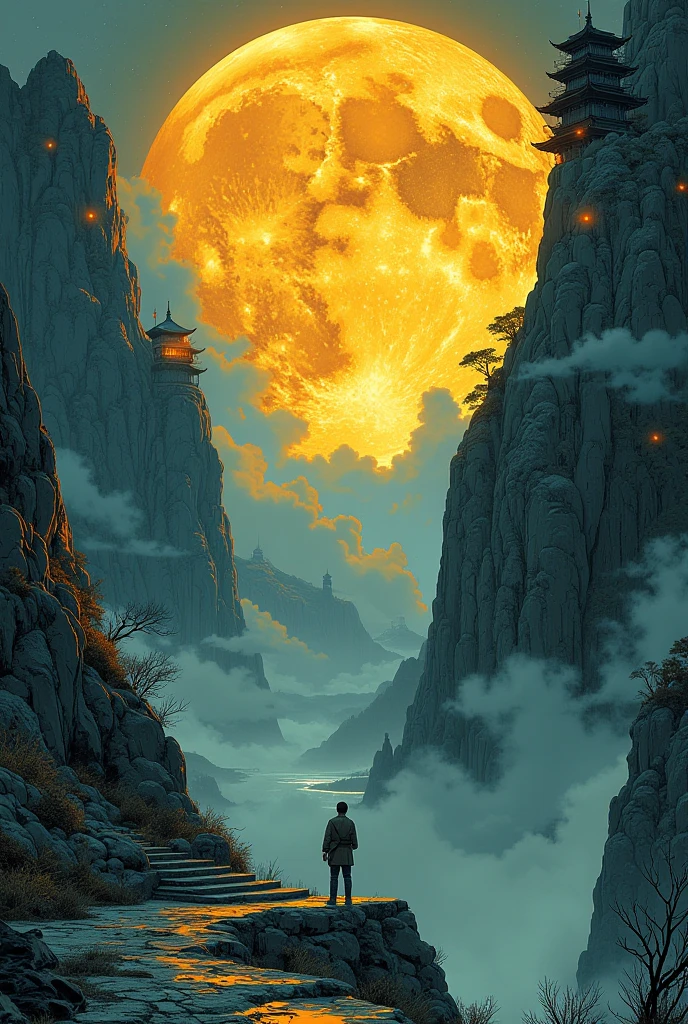 A lone figure stands on a grand staircase, facing a massive golden moon adorned with swirling patterns and architectural forms. Misty pagoda-style structures rise from towering cliffs, blending into the dark, mysterious landscape. The scene evokes a celestial, spiritual journey into the unknown.