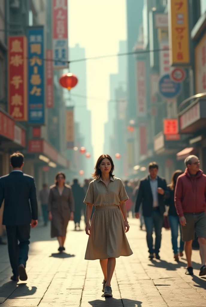 Imagem: An ordinary woman walking down the street, with simple clothes, looking at the surrounding people with kindness. It could be an urban scene, but focusing on her going unnoticed.