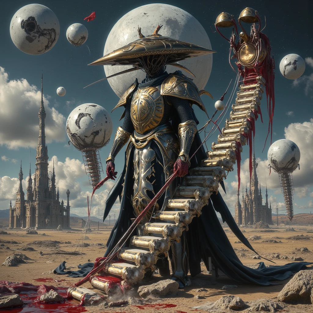 A Crusader general with no face, his helmet floating above his shoulders. His armor is engraved with clocks, melting swords, and staircases leading to nowhere. The background is a barren battlefield with hovering moons, upside-down churches, and a bleeding sky. Dream logic, abstract proportions, inspired by Dali. Symbolic, eerie, irrational design