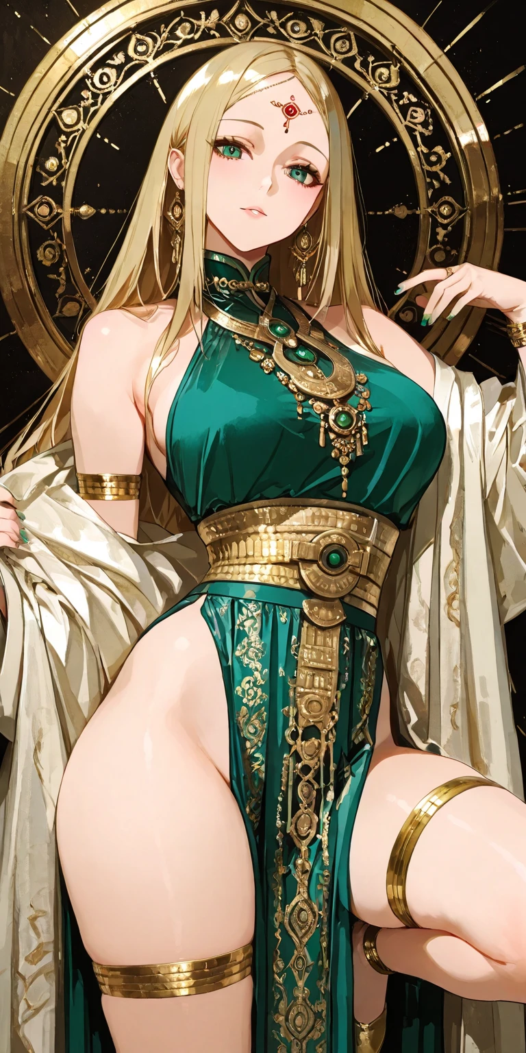 Anime style image of a woman with yellow,straight and big hair.blue eyes, fair skin, delicate appearance, smiling, reddened lips, large breasts, thin waist, big ass and wearing a green overcoat and a white dress.full body. --auto --s2