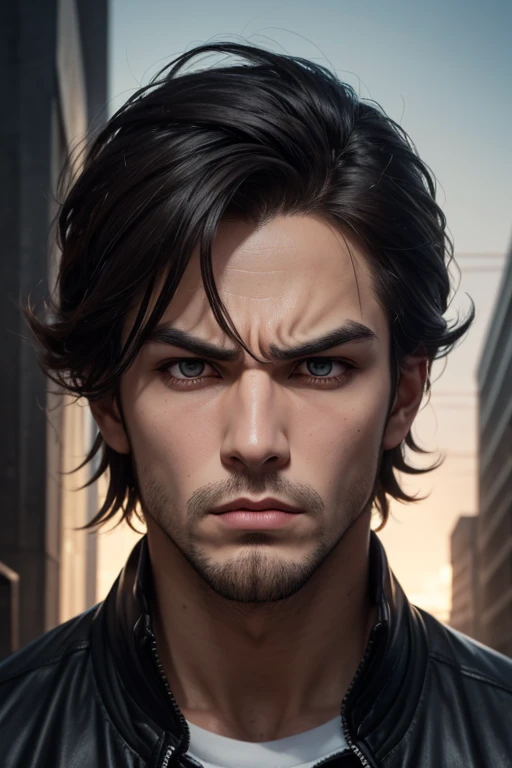 Draw a male face with brown eyes. Angry expression on the face and mouth half open. anime style. Straight hair split in half.  face without a beard. Dark Night. focus on eyes. Head slightly lowered. black jacket. Dark Night com lua cheia. Front view of the face with focus on the eyes.