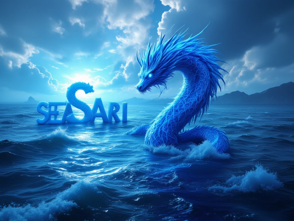 (Top quality, masterpiece, super detailed, high resolution), SEAART.AI logo, photo of the sea, ((a large letter "2" in the background), ((a large water dragon in the background), celebration, very happy, happy occasion,