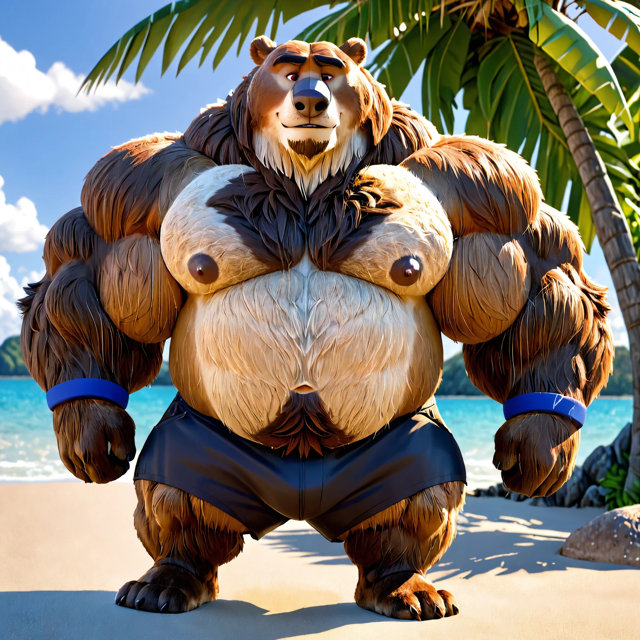 huge muscular kodiak bear in Tropical island beach, big grr, kodiak bear, huge brown fur, thick arm, huge arm, huge white fur, thick arm, huge arm, added brown mustache, added brown beard, short hair, height: 220cm, weight: 350lbs, (veiny bulked up muscular, pectoral, wide pectoral, thick bulky arms), Walt Disney 3D Zootopia Animation Art Style, detailed gray eyebrows, detailed eyes with red pupils, (wearing black shorts, wristbands, shirtless, topless and feet), bouncing his pecs, flexing his biceps and his thorax