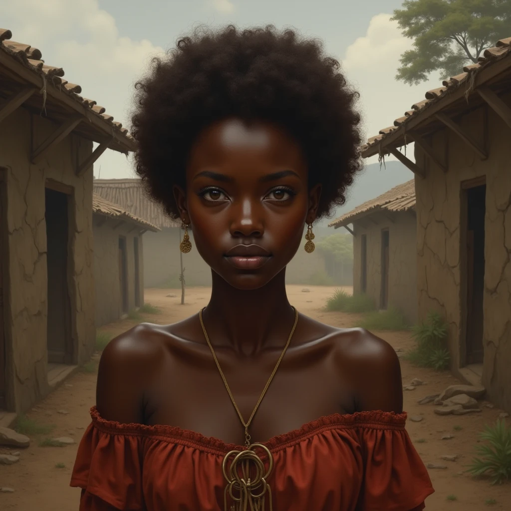 Make a girl, black with retinted skin, with curly short brown hair and light brown eyes. She is 30 years old, and was brought from Nigeria to be a slave here in Brazil. This happened in 1550