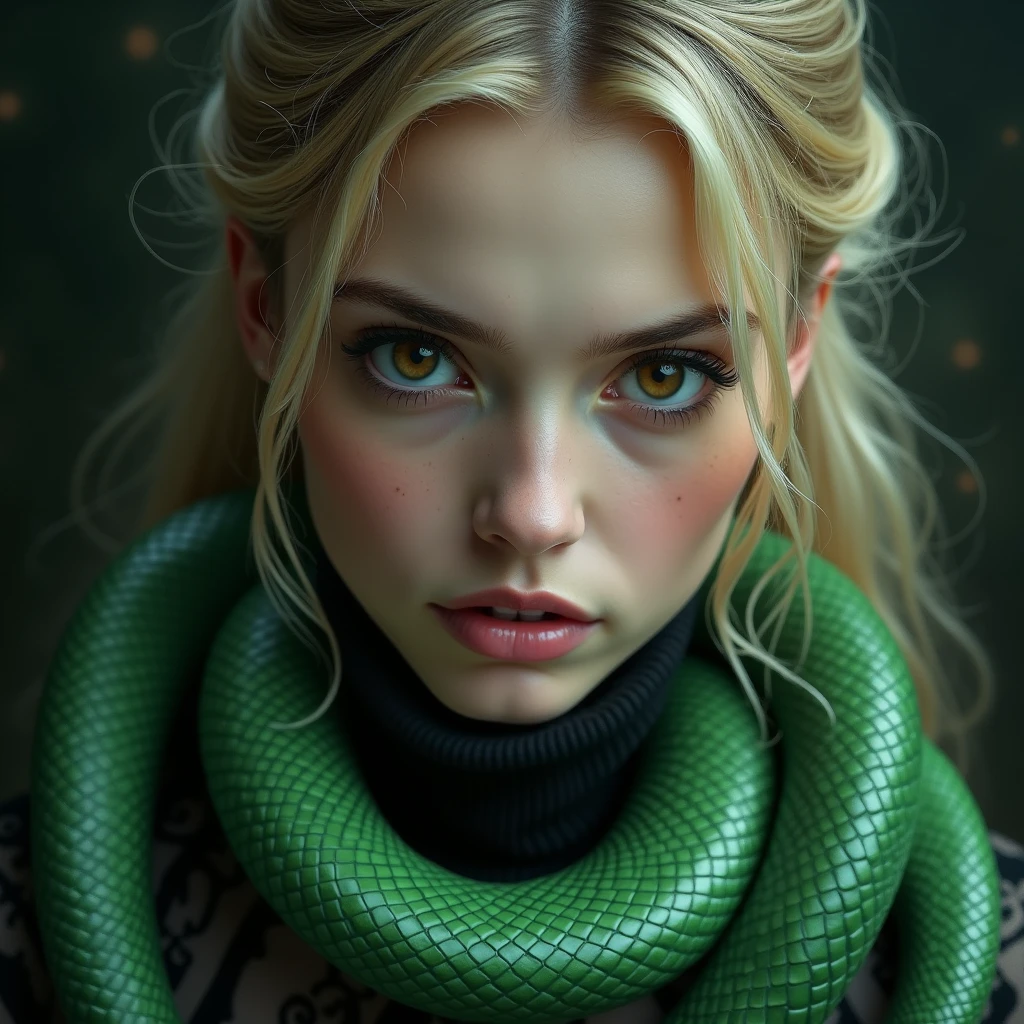 Blonde girl in the foreground with green snake wrapped around her neck and showing her teeth