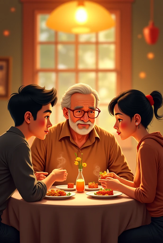 एक डायनिंग टेबल पर लड़का लड़की और बढ़ा आदमी खाना खा रहे 
