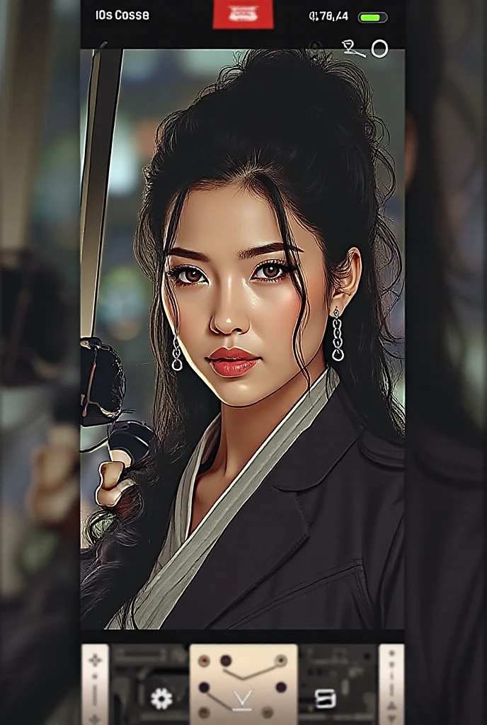 A very realistic photograph shows a close-up of a woman with long and wavy black hair. His skin has a warm tone and his eyes are light brown. She wears subtle makeup that enhances her features. Her lips are painted with a soft pink color. He wears what appears to be a dark jacket or suit with a shirt white underneath. She wears hanging earrings In the shape of a tear drop she has a samurai mask taking it off .
Although the image itself shows no traditional elements of a samurai, like armor or weapons, you could create a representation of this woman as a samurai by adding these elements. You could imagine him wearing traditional armor, wielding a katana, and with a strong and decisive facial expression, characteristics often associated with samurais. Make everything look like a real photograph

