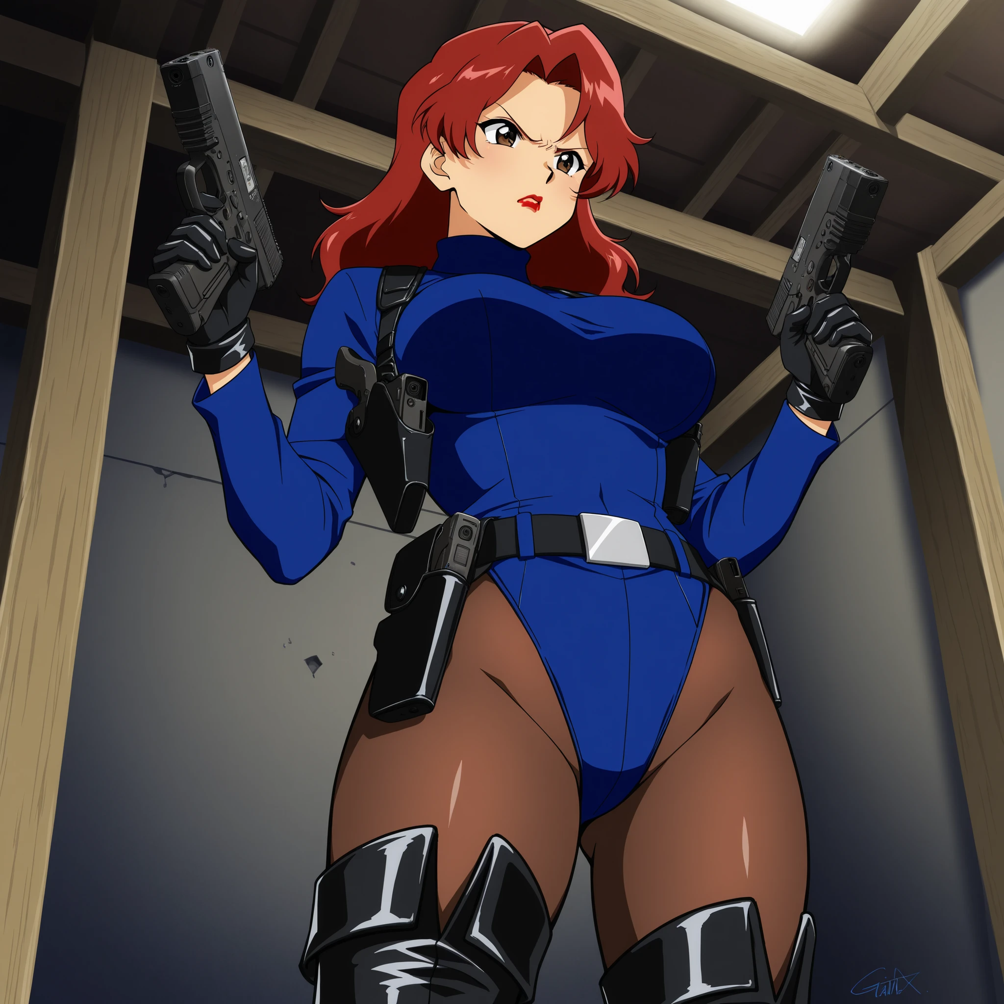 1girl in, saluting, black doll suit, red hairs, blue eyess, masterpiece, top-quality, face perfect, 美丽的面容, beautidful eyes, ((Perfect female body, narrow waists))
