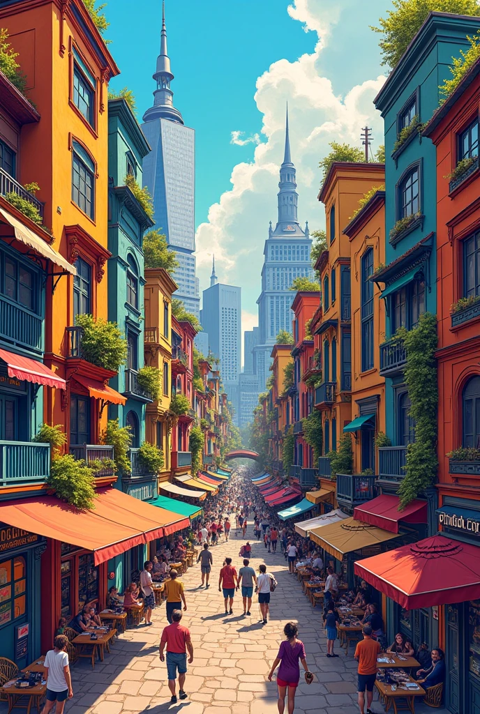 A colorful drawing of a city with many different things