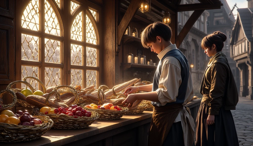 In a medieval town in the Middle Ages, a baker boy packs bread and fruit into the window in golden baskets, while a  stares through the glass.