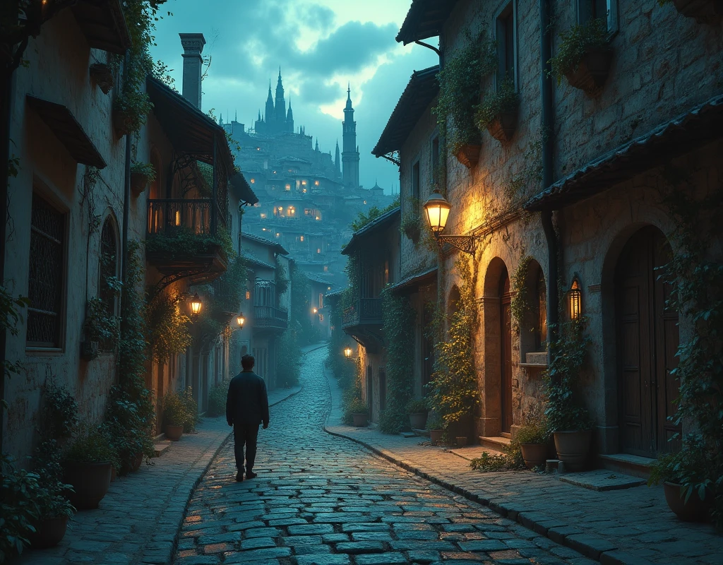 cobblestone street with a lamp post and potted plants, cobblestone streets, cobblestone street, cobblestone roads, quaint village, by Romano Vio, ancient city streets behind her, baroque winding cobbled streets, cobblestone road, narrow and winding cozy streets, street at night, street of teal stone, on a street at night, by Alessandro Galli Bibiena