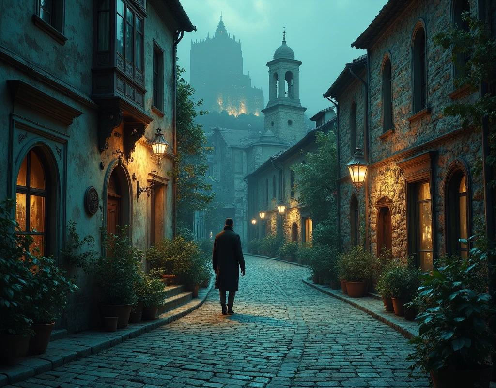 cobblestone street with a lamp post and potted plants, cobblestone streets, cobblestone street, cobblestone roads, quaint village, by Romano Vio, ancient city streets behind her, baroque winding cobbled streets, cobblestone road, narrow and winding cozy streets, street at night, street of teal stone, on a street at night, by Alessandro Galli Bibiena